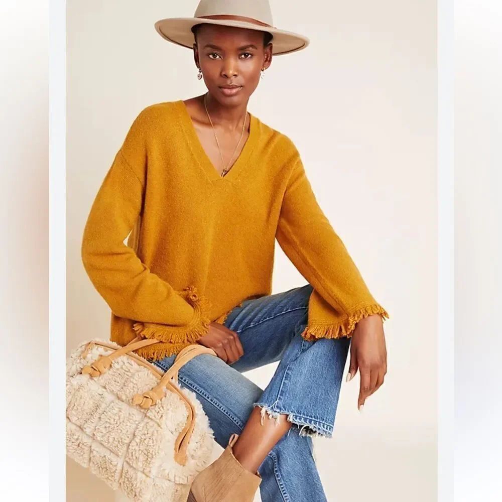 Anthropologie Joy Fringed V-Neck Sweater S